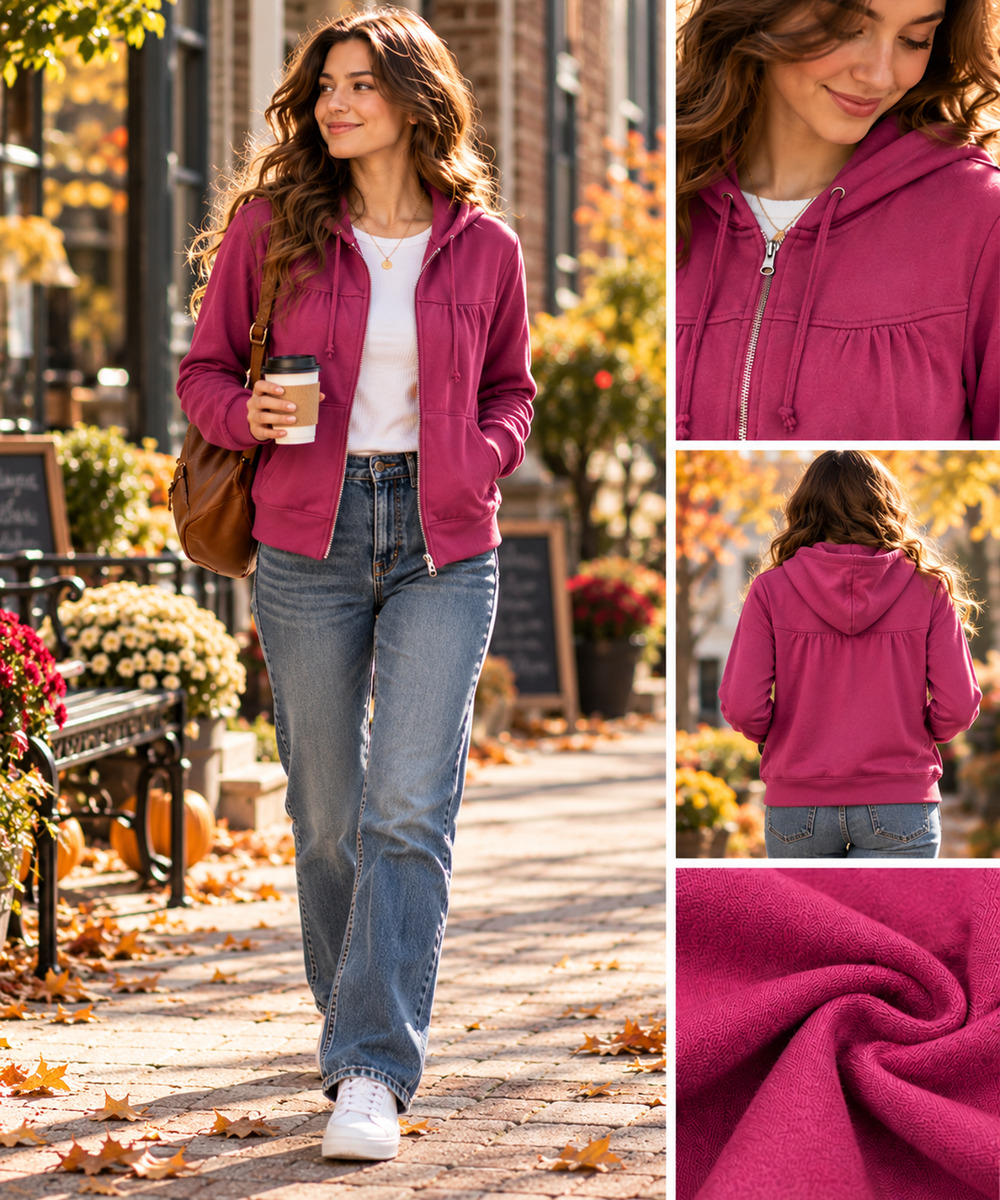 BCG Womens L Raspberry Full Zip Hoodie Gathered Yoke Plaid Lined Cotton Blend - Picture 1 of 7